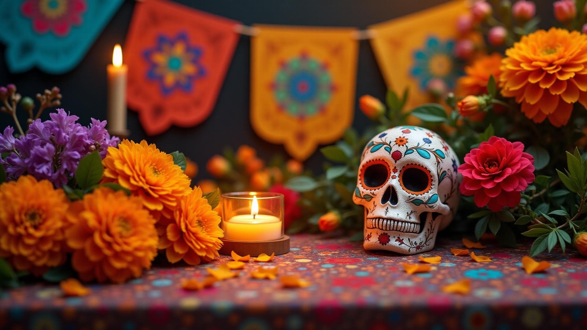 Altar de Día de los Muertos con flores de cempasúchil